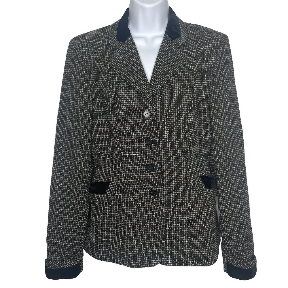 Vintage 90s DKNY Wool Blazer Jacket Size 8 Black Beige Tweed Velvet Trim